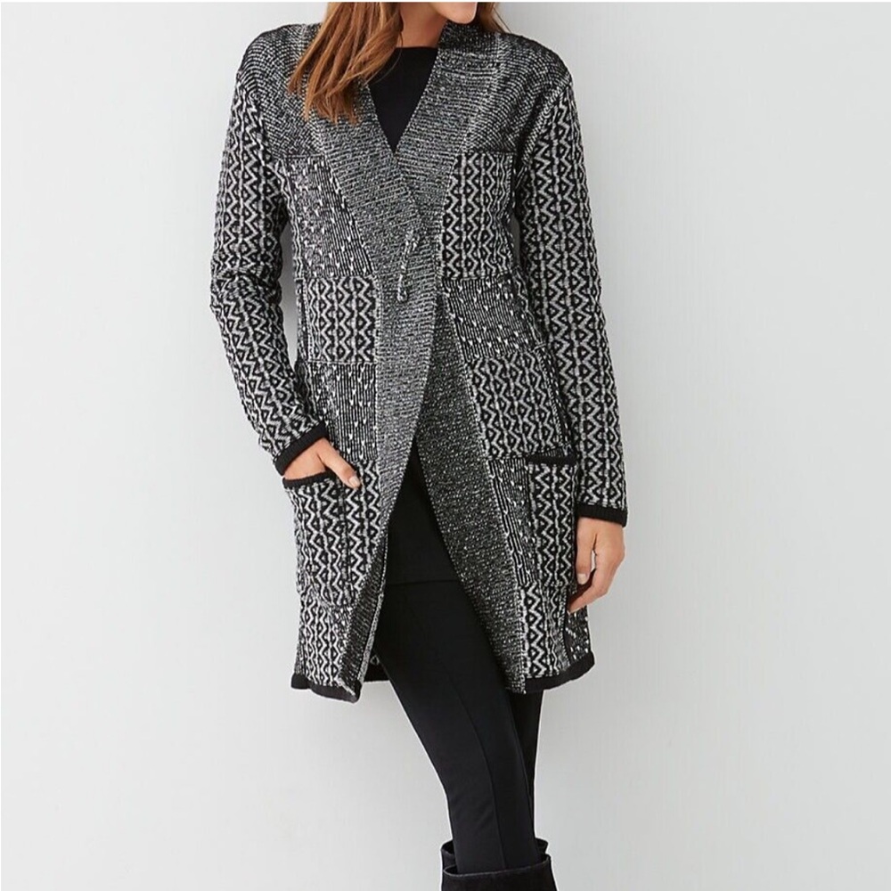 J Jill Jacquard Knit Open Front Patchwork Cardigan Sz Small